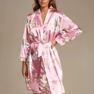 Satinmorgonrock & nattlinne 2-set blommigt rosa