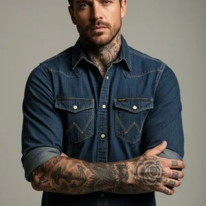 Rebell Vintage jeansskjorta  wrangler mörkblå westernskjorta medium
