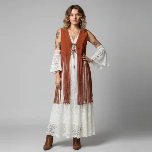 Rebell äkta mocka väst  vintage fransväst small